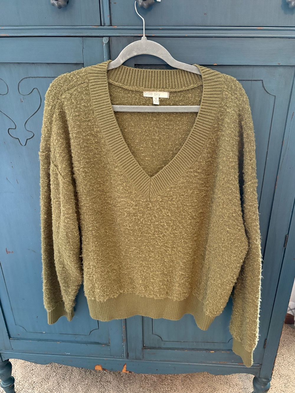 Pale Sky Olive Green V-Neck Bouclé Knit Sweater